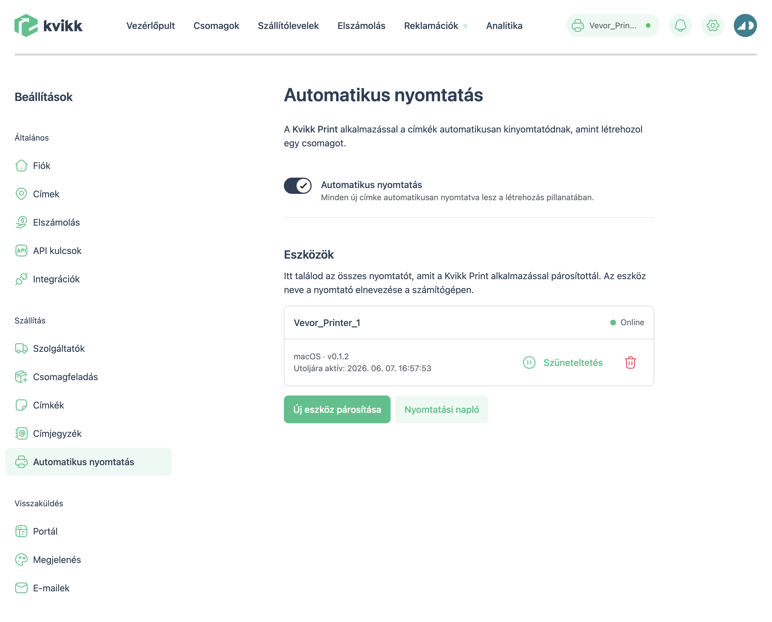 Kvikk App beállítások oldal