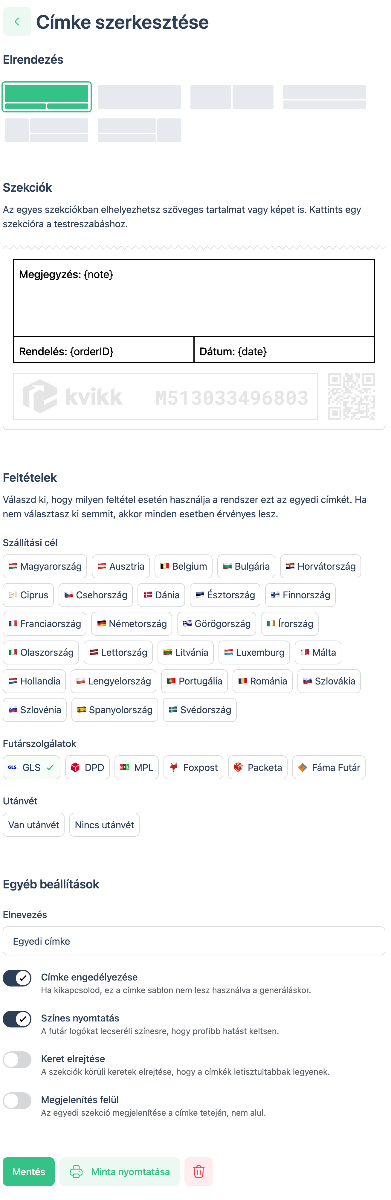 Egyedi címke beállítások