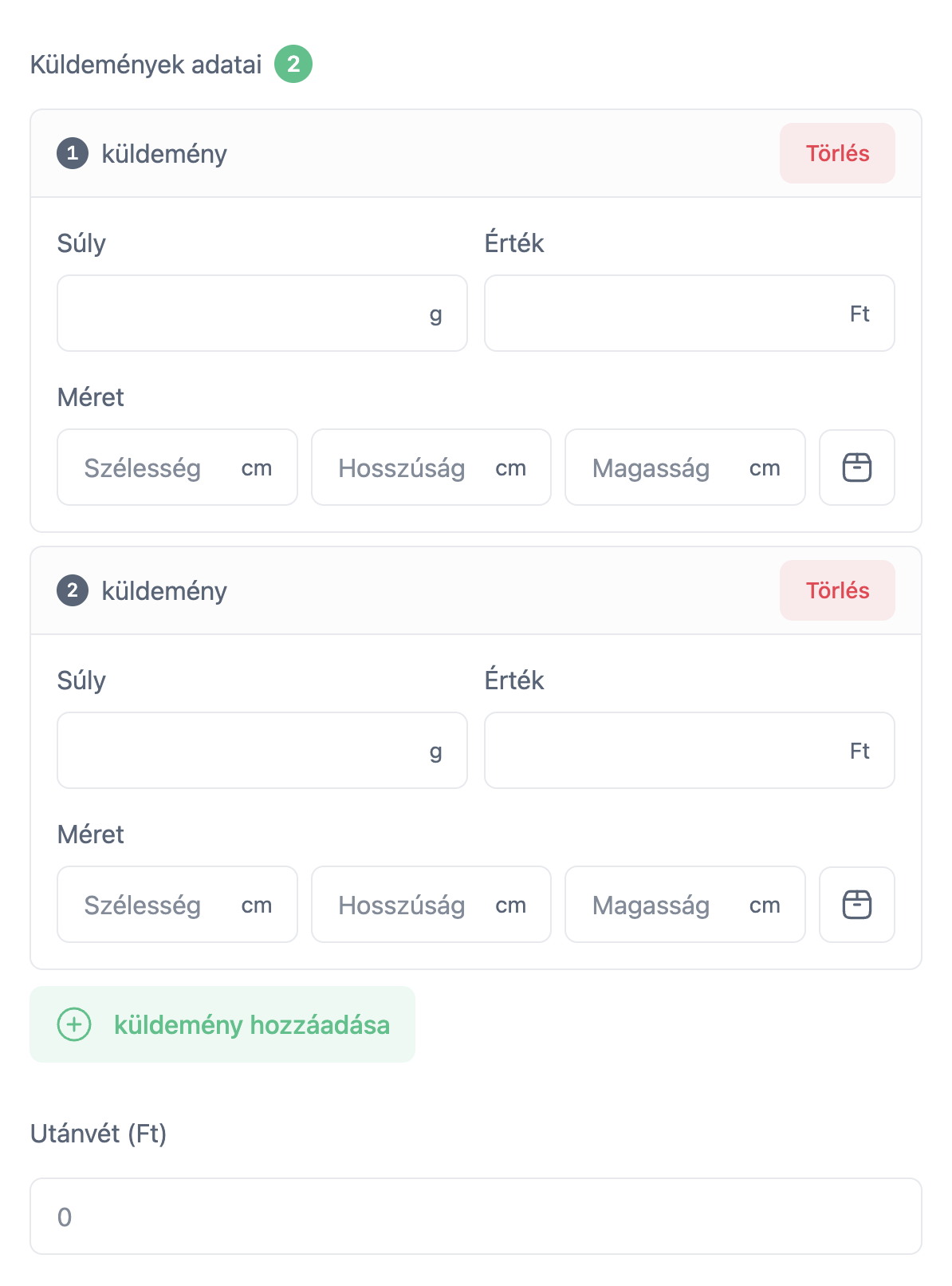 Több küldemény hozzáadása az appban