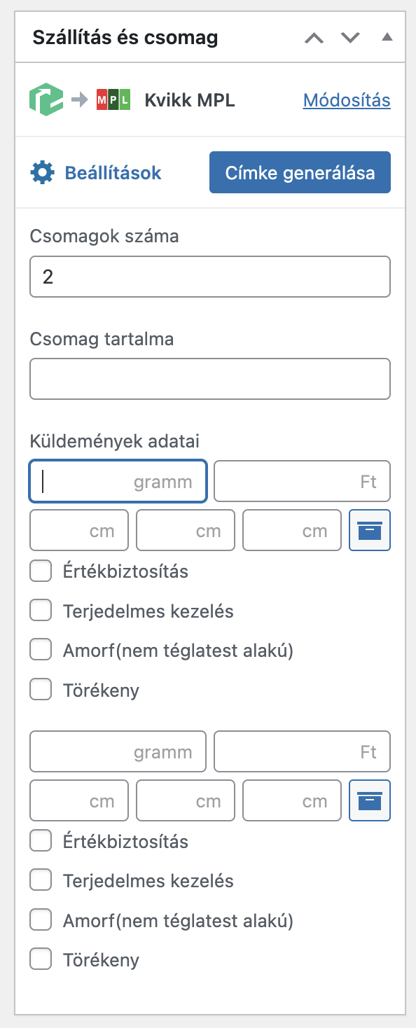 Több küldemény hozzáadása WooCommerce-ben