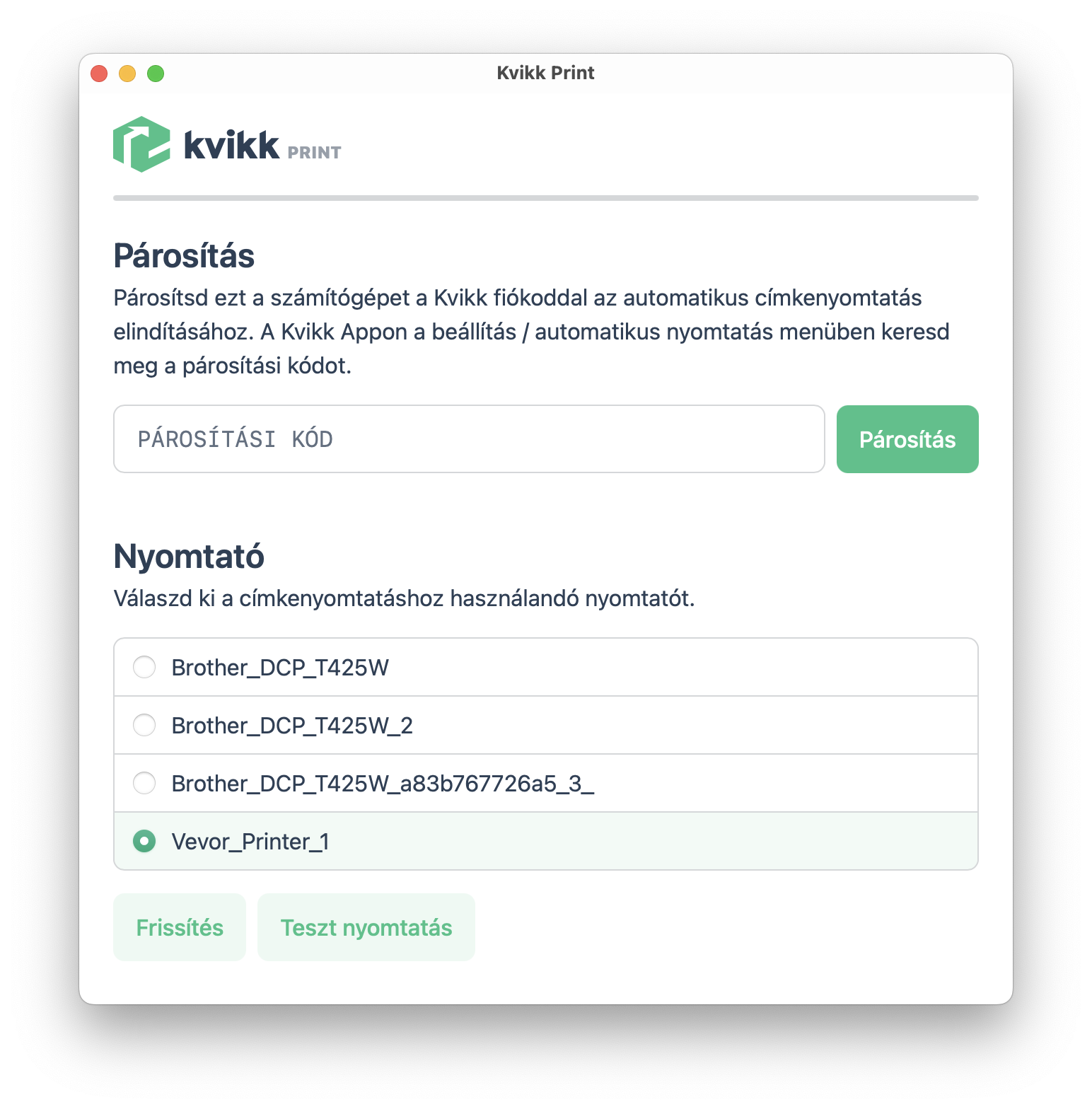 Kvikk Print alkalmazás
