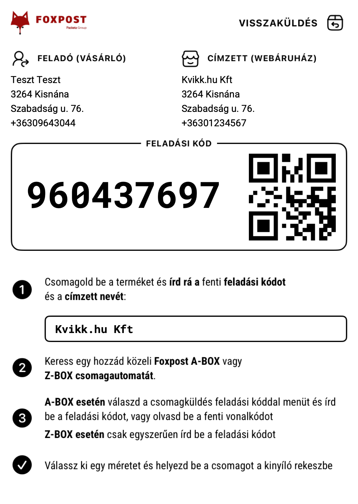 Foxpost visszáru címke