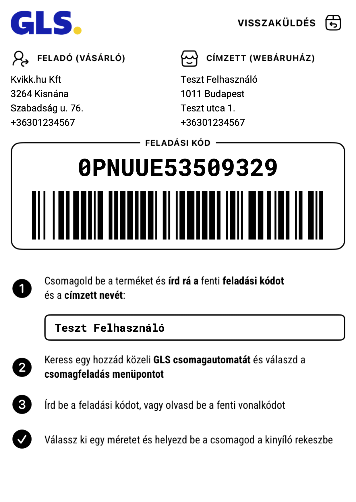 GLS visszáru címke