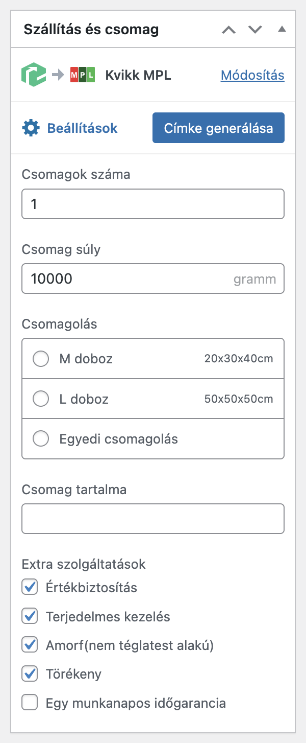 Szolgálatás beállítások rendelésben