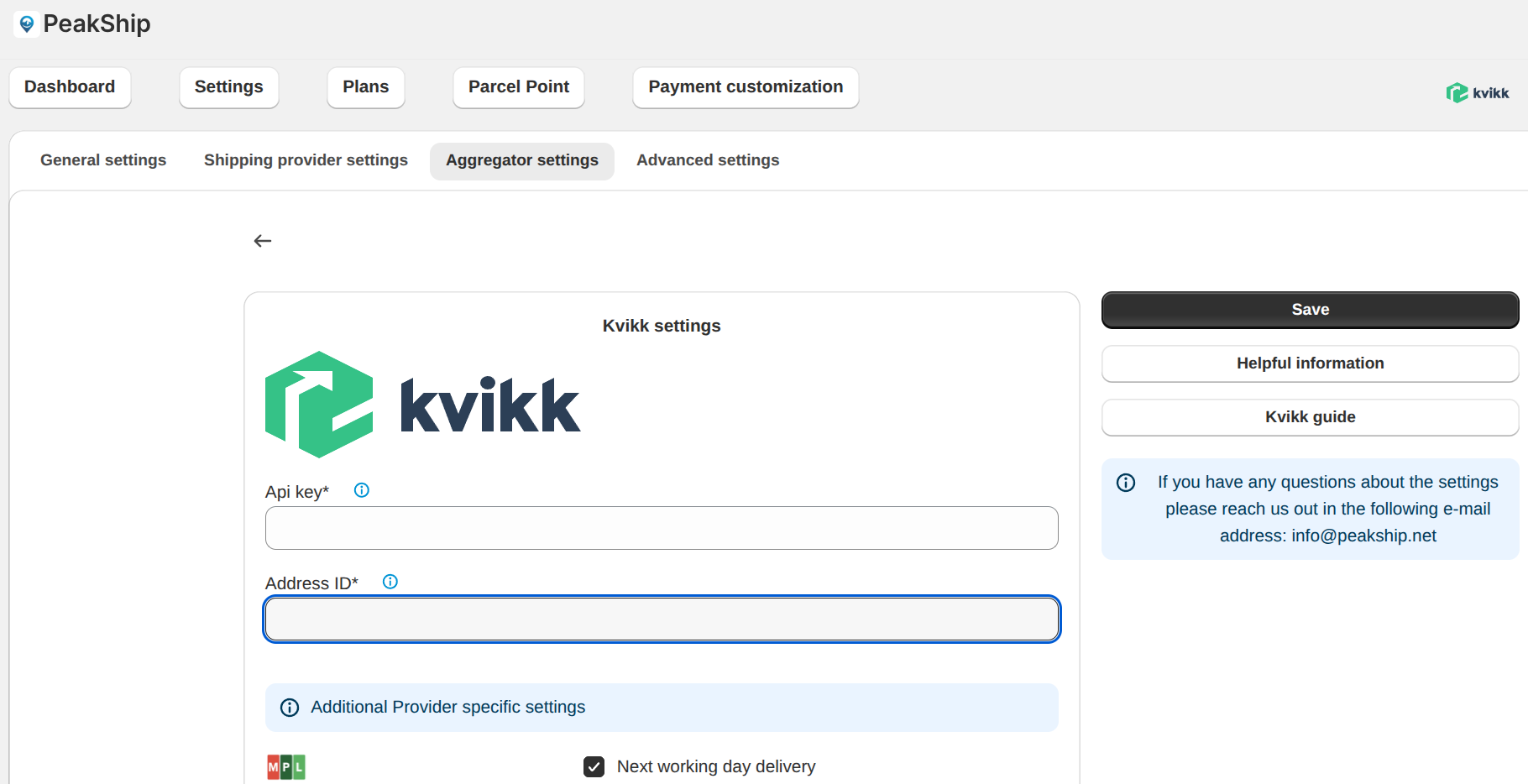 PeakShip Kvikk beállítások